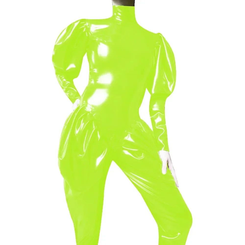 Sleeves Jumpsuit Sexy Zipper Open Crotch Catsuit Party High Neck Wetlook Rompers Female