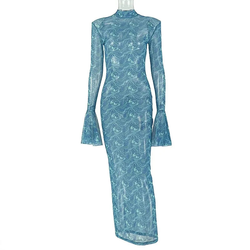 Retro Print O-Neck Long Flare Sleeve Shoulder Pad Waistband Hips Wrapped Long Dress