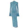 Retro Print O-Neck Long Flare Sleeve Shoulder Pad Waistband Hips Wrapped Long Dress