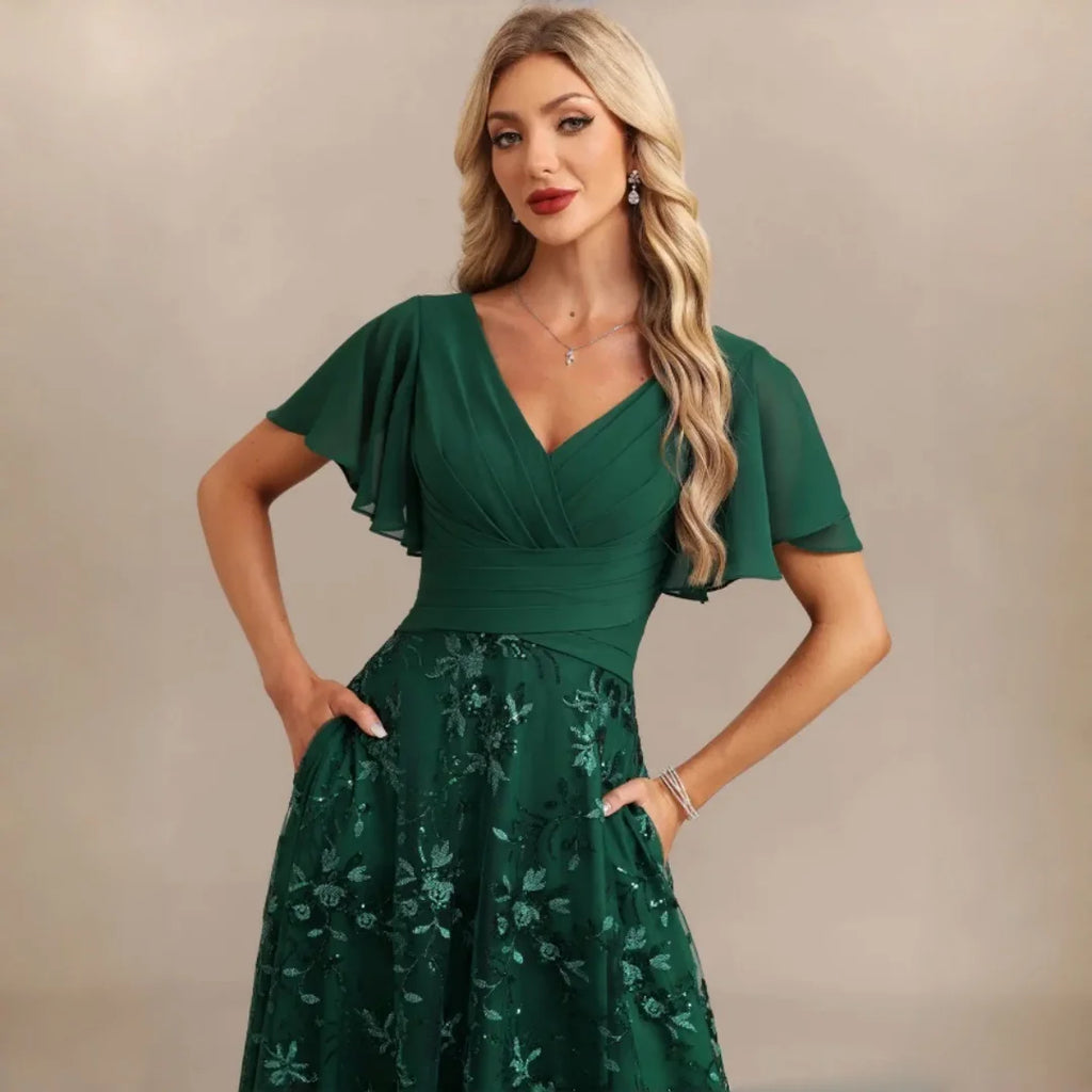 Neiba Dark Green V Neck Chiffon Flutter Sleeve Bridesmaid Ruched Waist Floral Sequin Dress