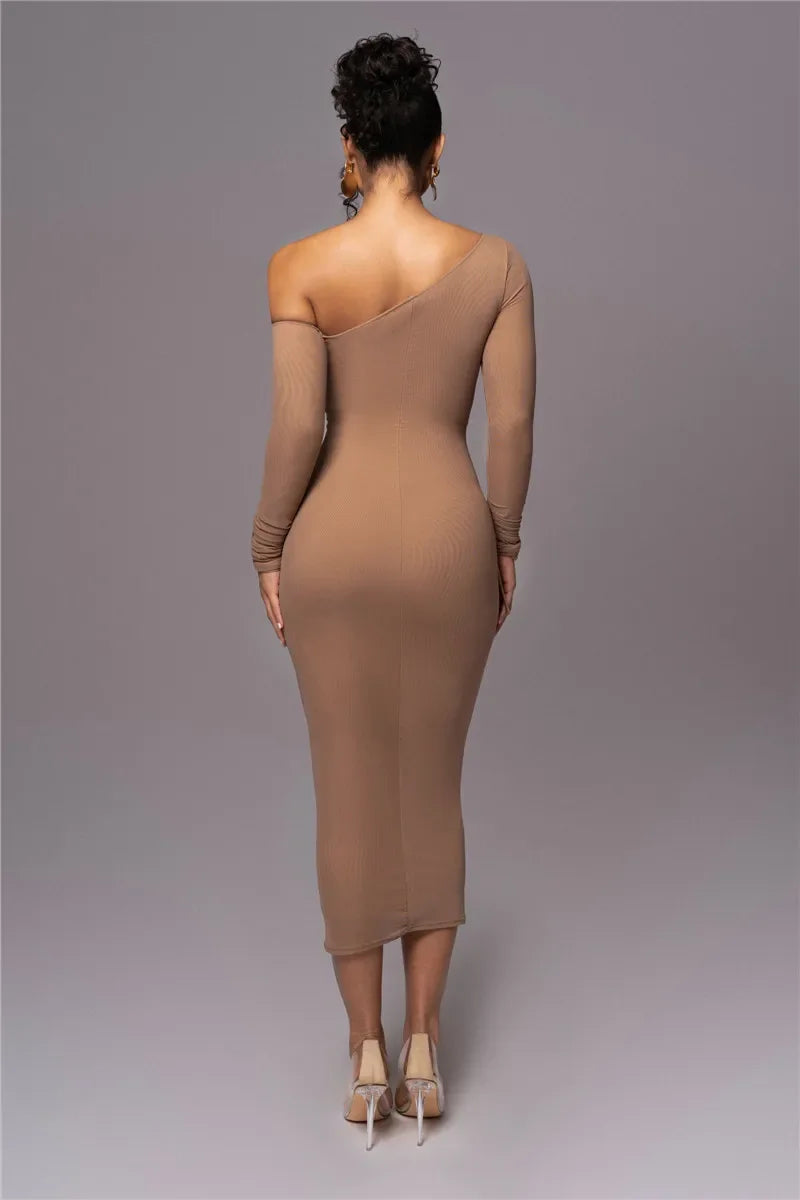 Dyker Heights Diagonal Collar Long Sleeve Mesh Backless Ruched Bodycon Midi Dress