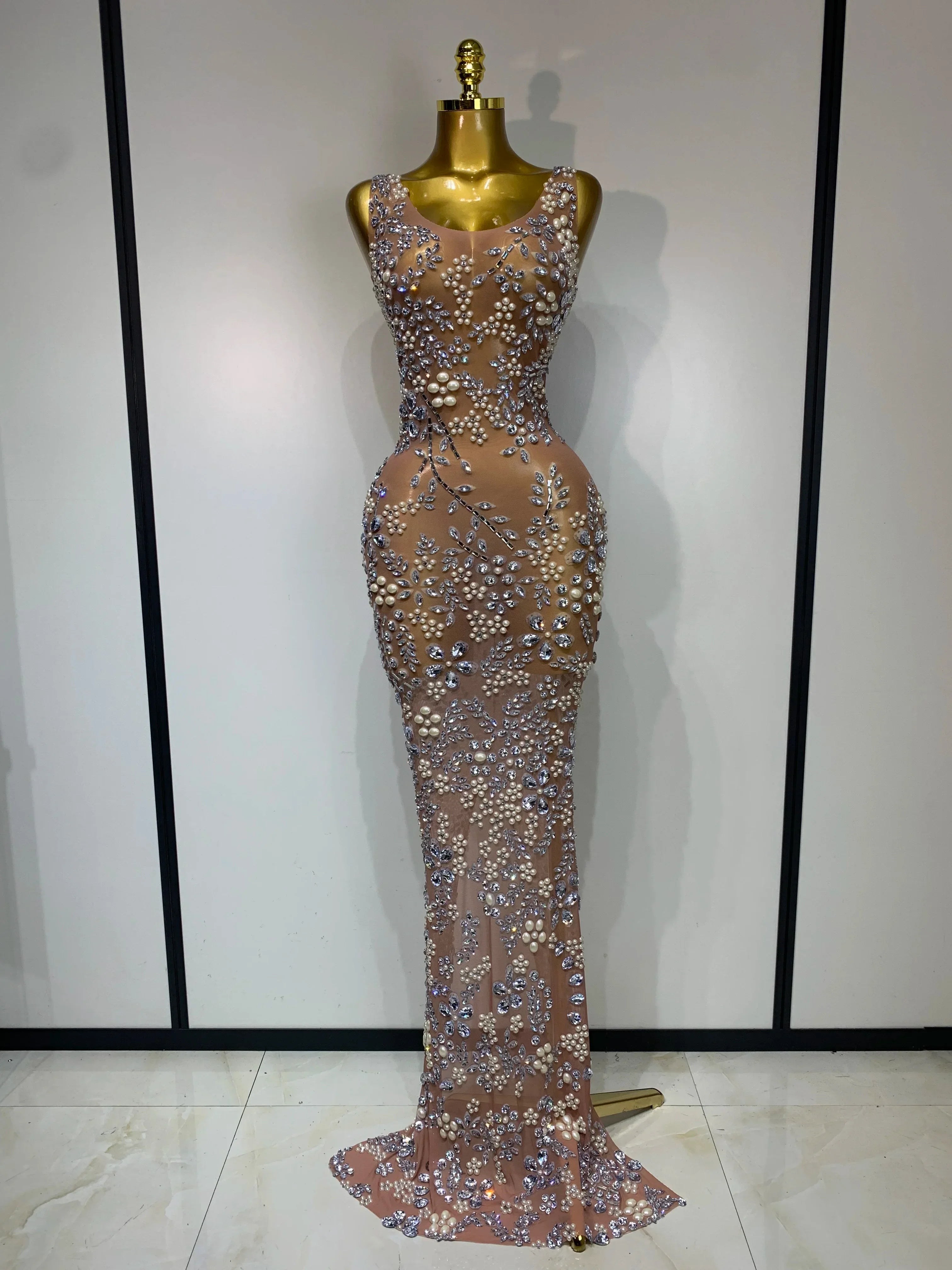 Winchester Lxury Diamonds Mesh See Through Long Elegant Dress
