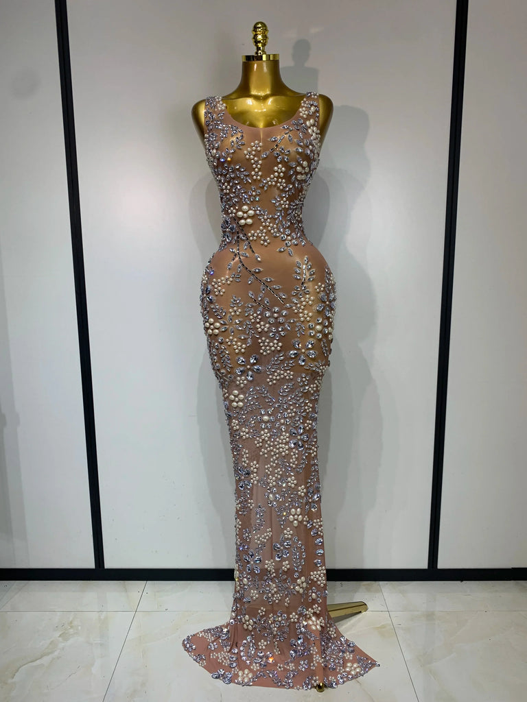 Winchester Lxury Diamonds Mesh See Through Long Elegant Dress
