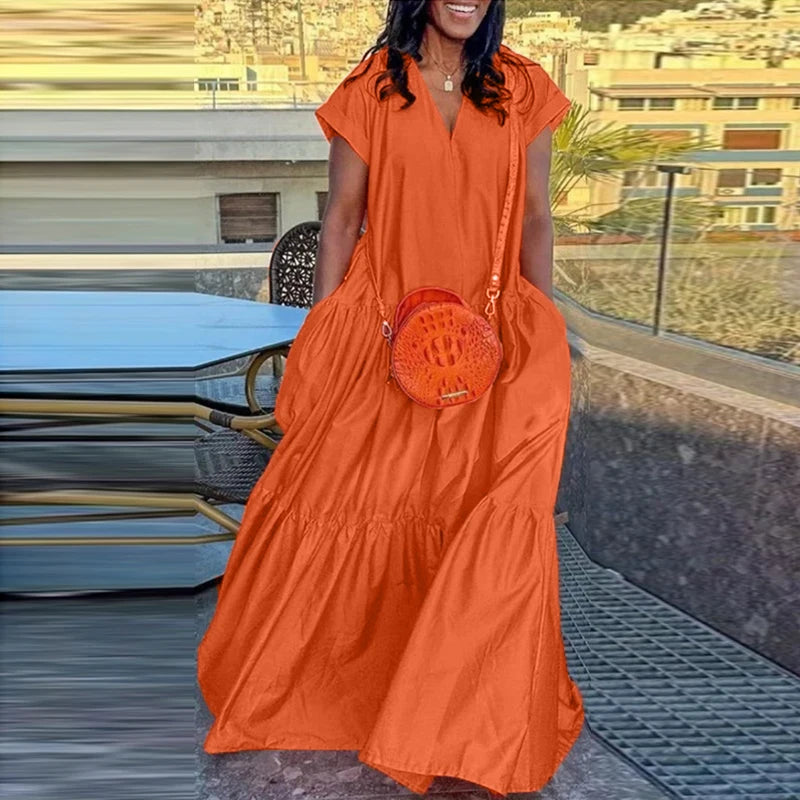 Plus Size Bohemian Sundress Solid Color Casual Short Sleeve Party Ruffled Dress