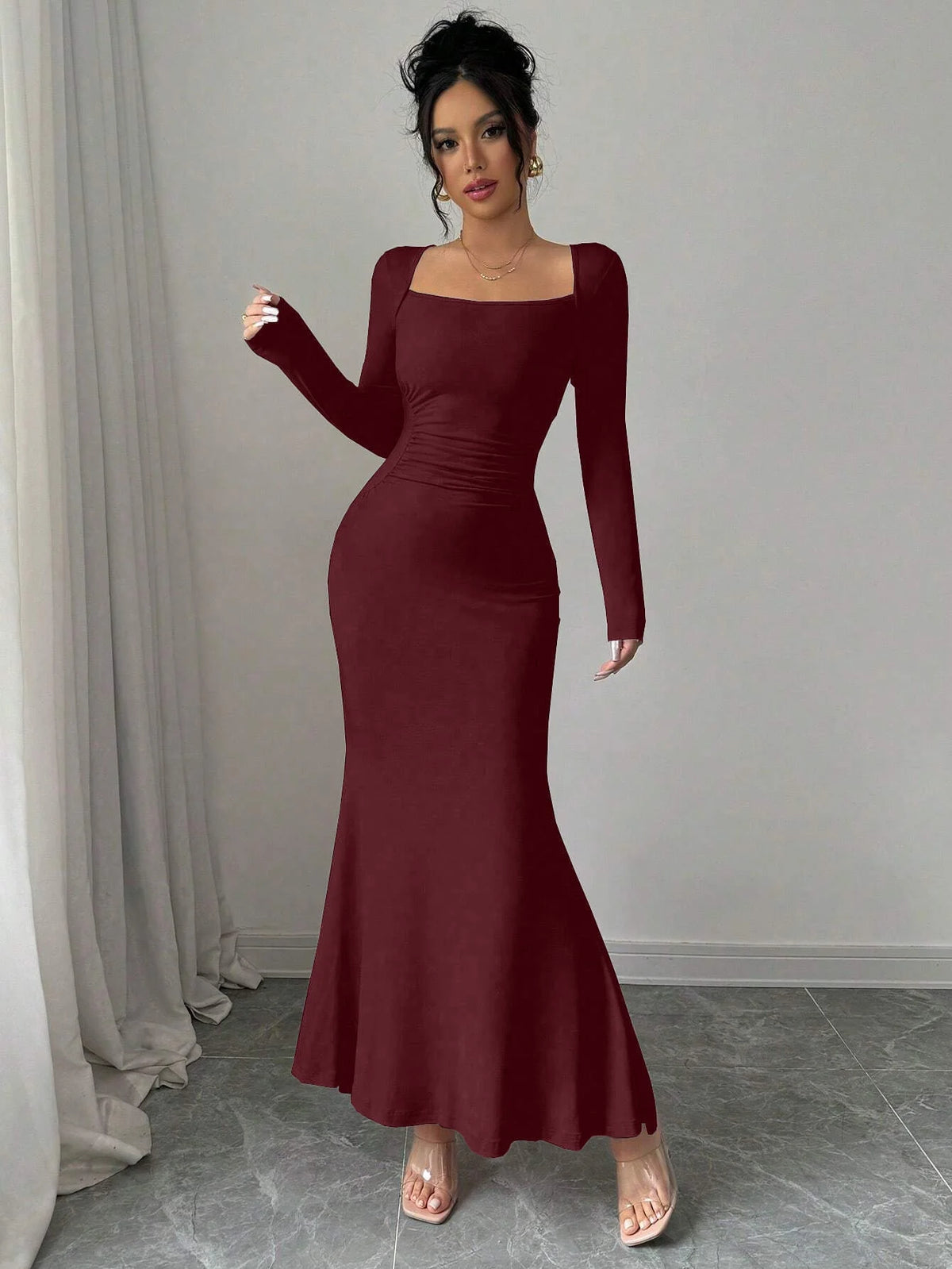 Nisao Four Seasons New Style Elegant Temperament Retro Solid Color Square Long Dress