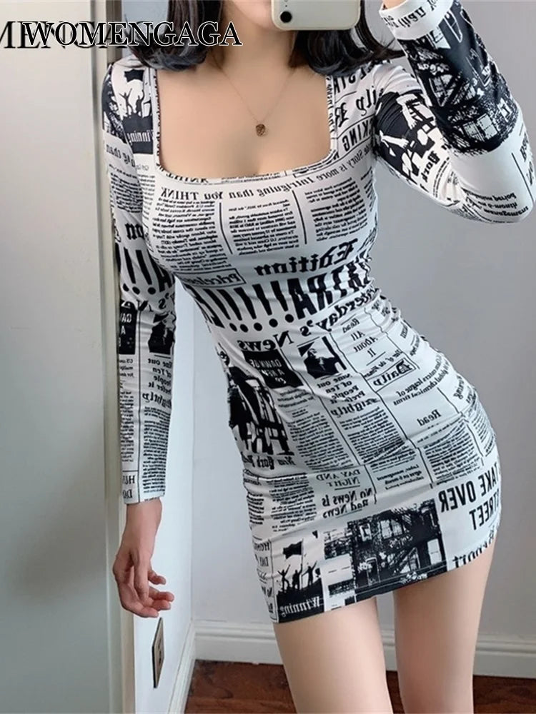Amazonia Printed Newspaper Sexy New Fashion Street Shooting Slim Mini Dress