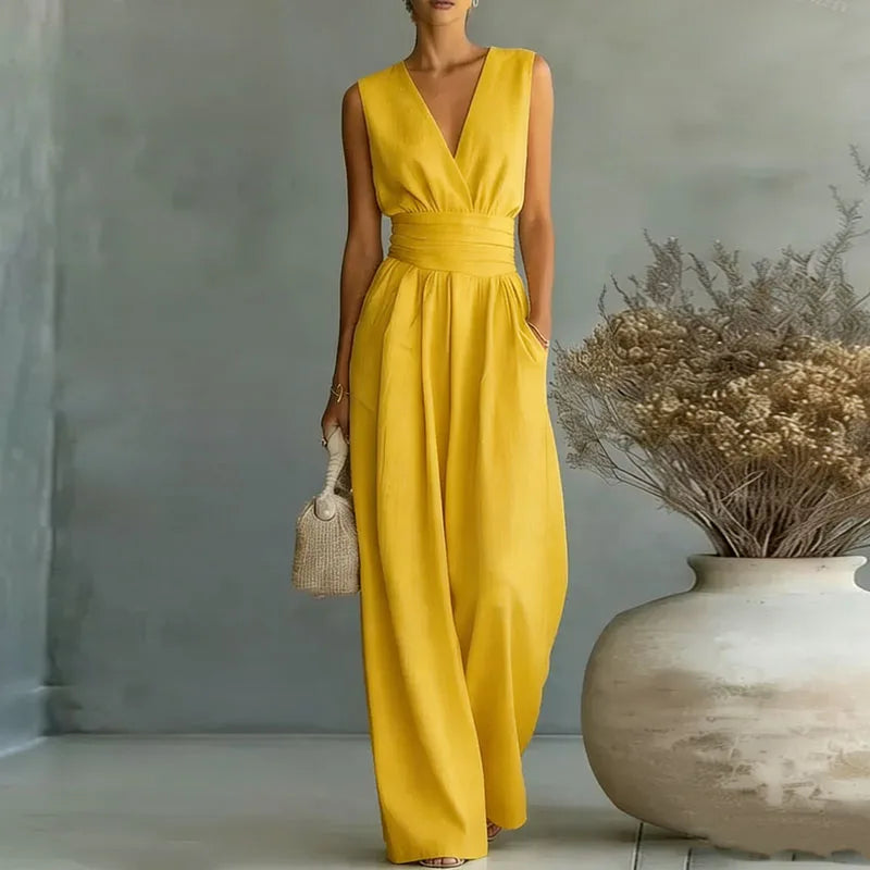 Women's Jumpsuit Fashion High Waist V-neck Casual Jumpsuits Sexy Solid Color Office Wide Leg Trousers Overalls Linen Chic