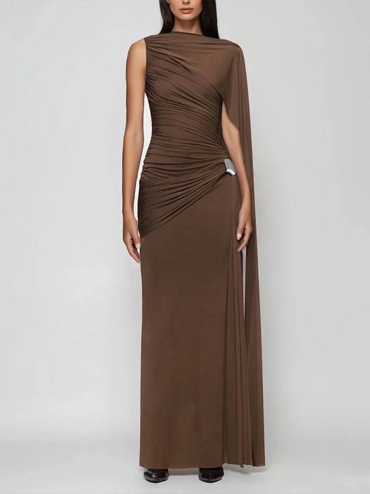 Linden Elegant Ruched O Neck Sleeveless Irregular Ribbon Metal Trim Classic Dress