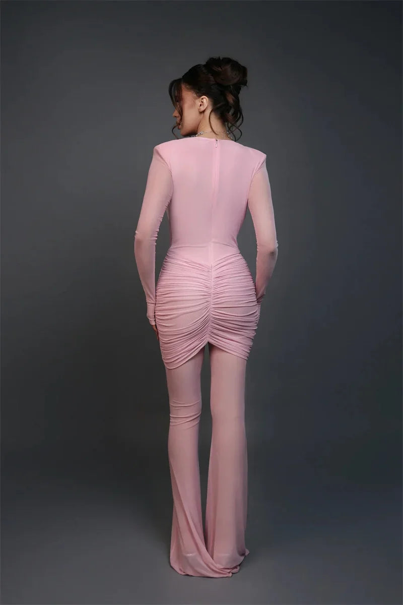 Milford Deep V Neck Long Sleeve Sexy Patchwork See Through Ruched Jumpsuits