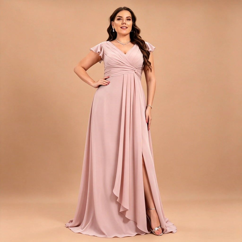 Long Island Plus Size Chiffon Evening Elegant V-Neck Ruffle Sleeve Formal Dress