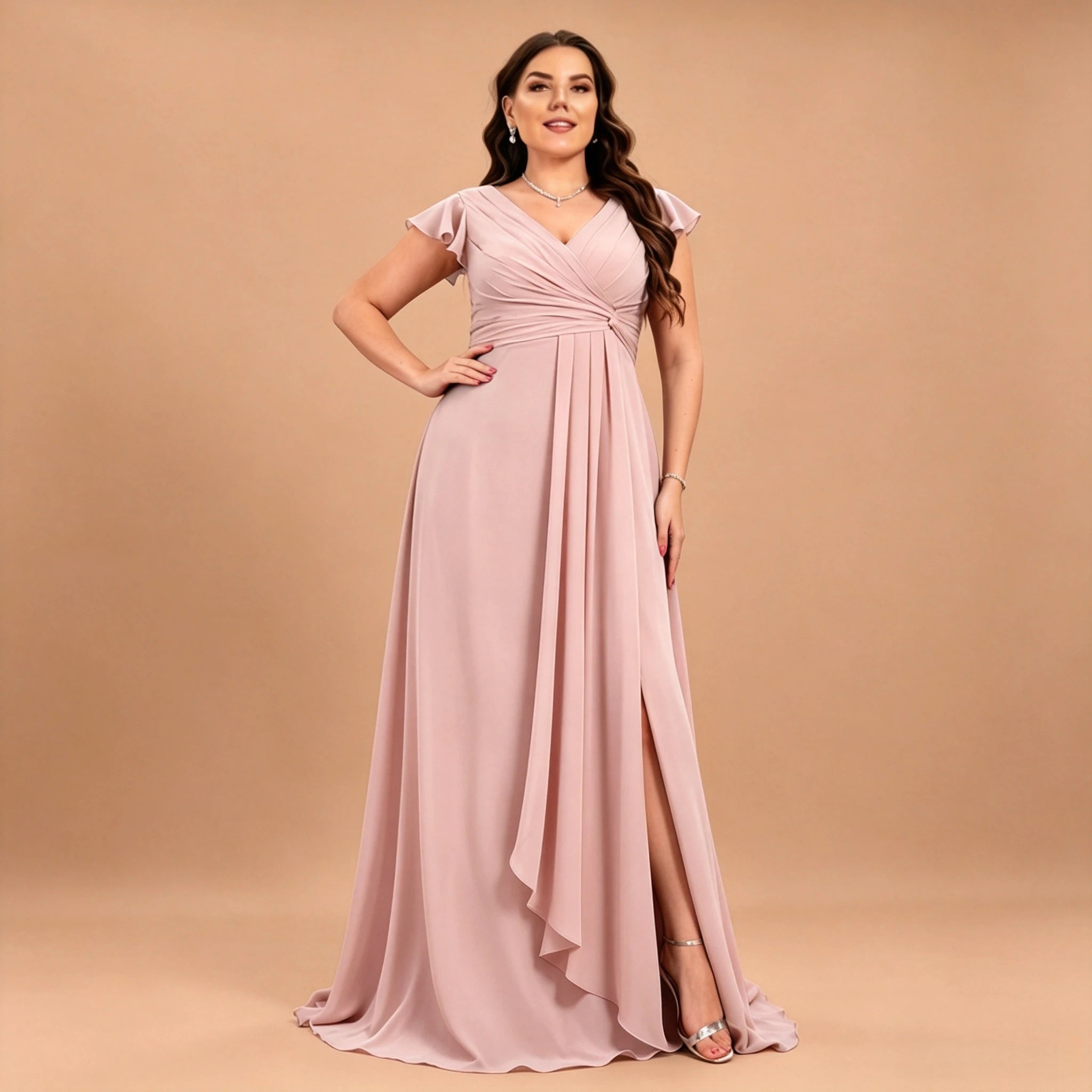 Long Island Plus Size Chiffon Evening Elegant V-Neck Ruffle Sleeve Formal Dress