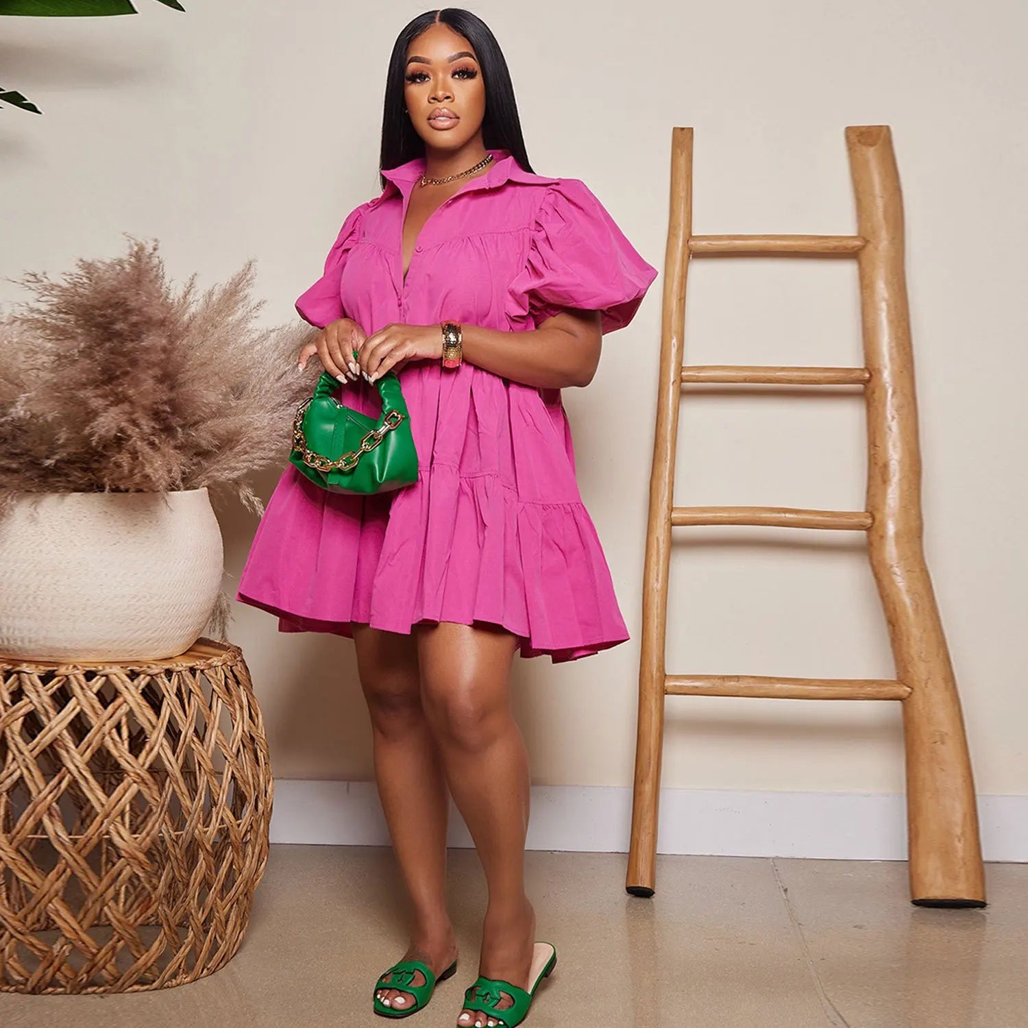 Secaucus Puff Sleeve Single Breasted Lapel Collar Babydoll Street White Big Swing Dress