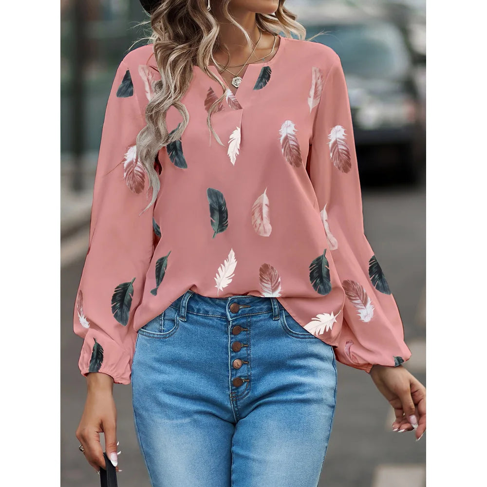 Jamesburg Casual T Shirt Fashion Feather Printed Long Sleeve V Neck Loose Blouses