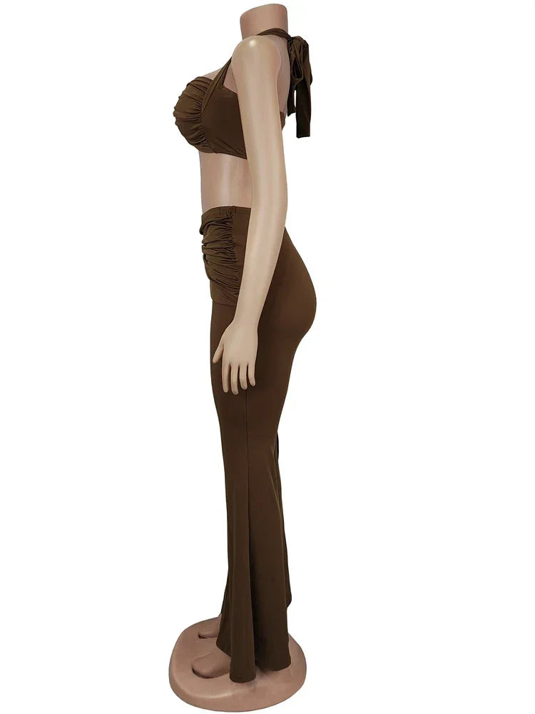 Oneonta Long Straps Wide Legs Ruched Metal Tracksuits Two Piece Set