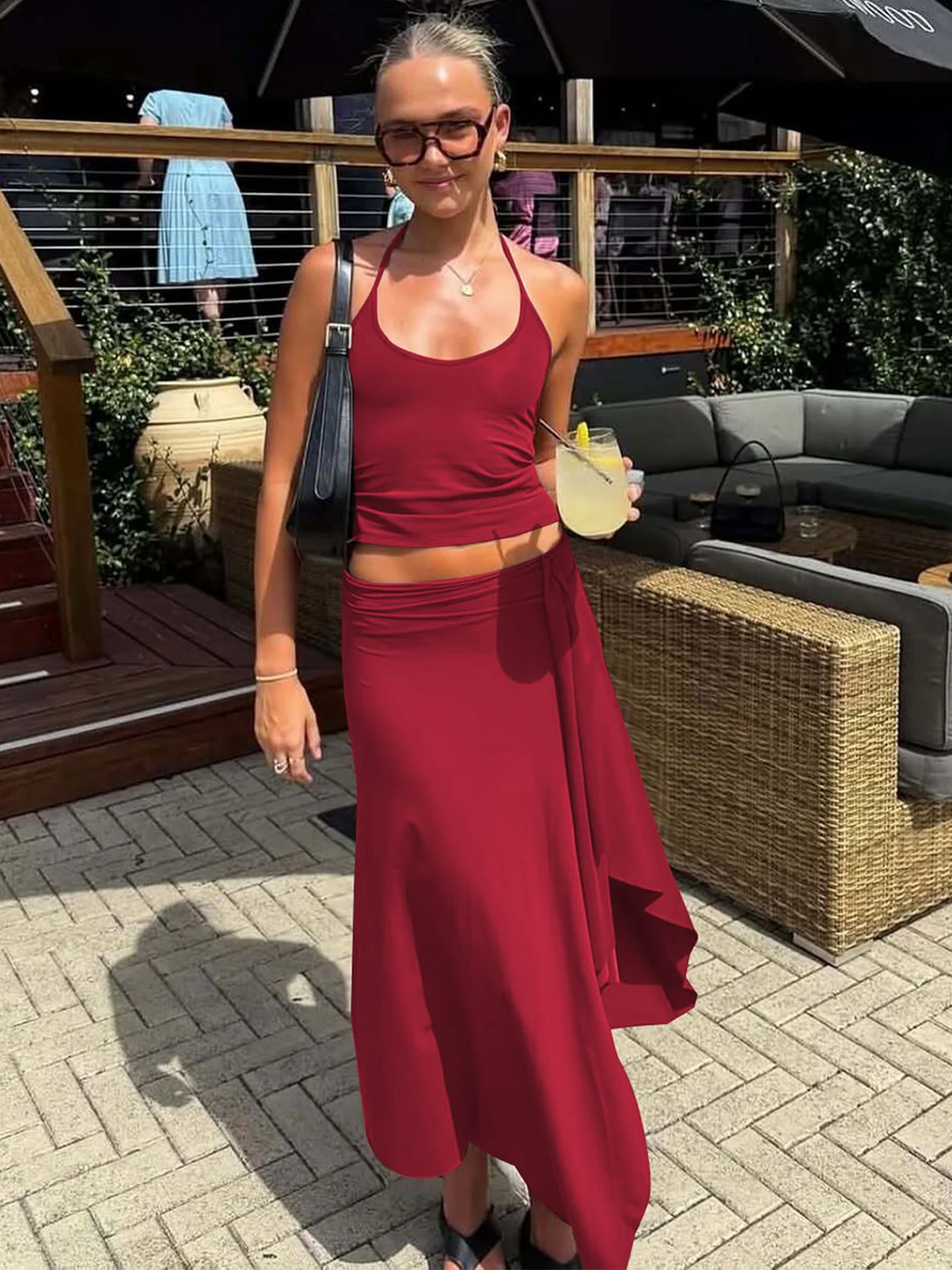 Katia Halter Solid Backless Lace Up Sexy Two Piece Sets