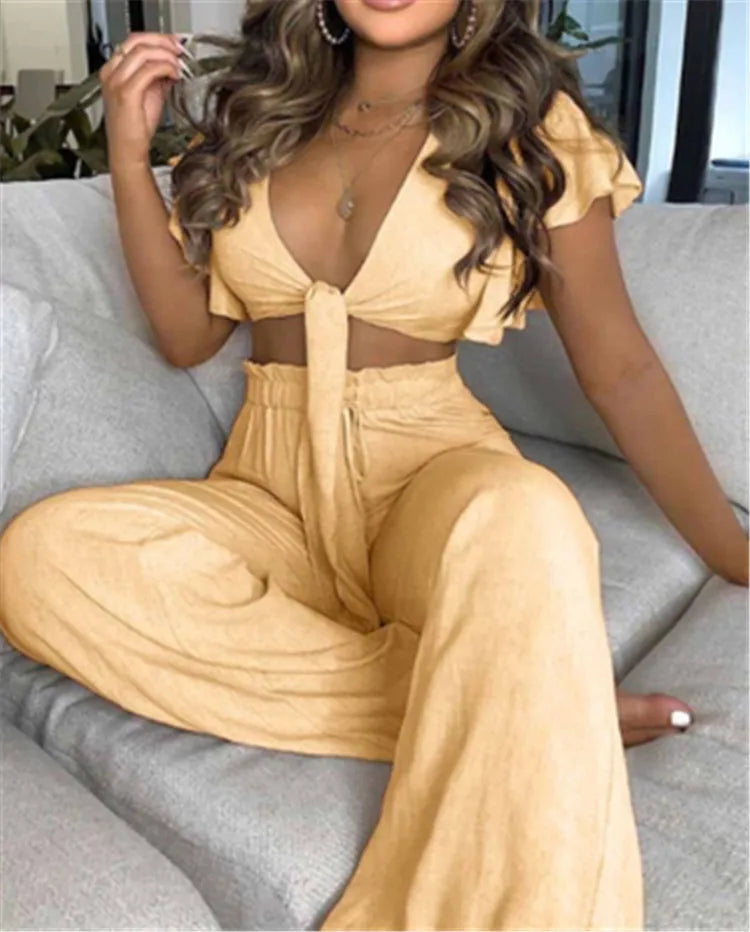 Hilda Belted Low Long Thouser Casual Two Piece Sets