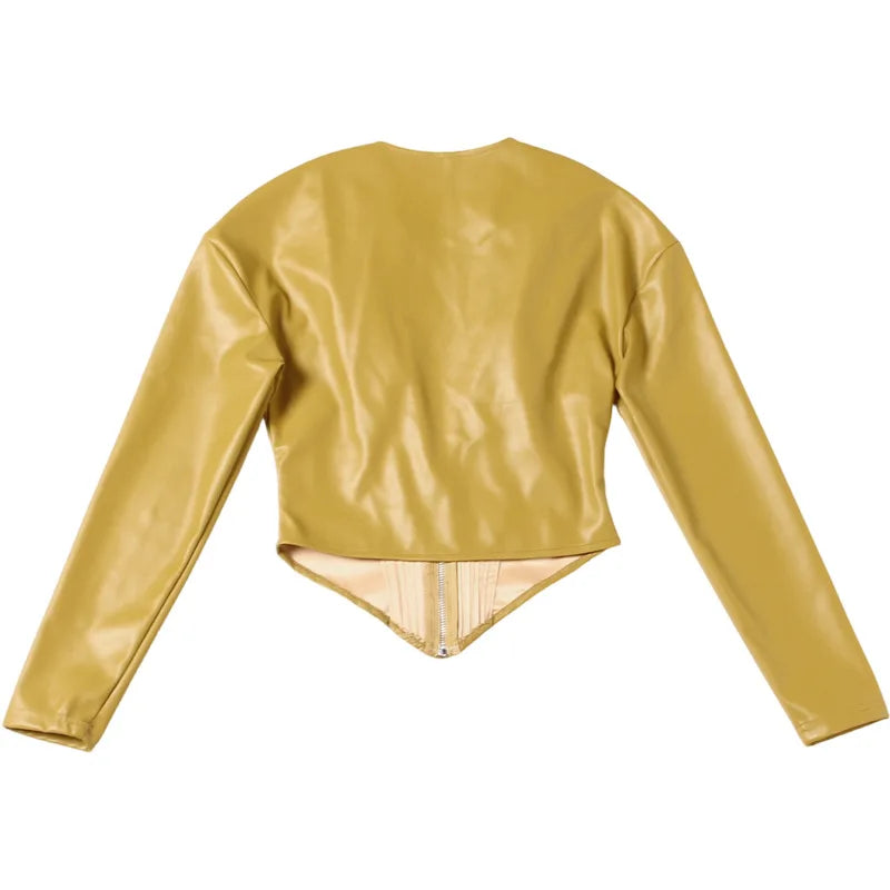 Ridgefield Solid Color Leather Patchwork Long Sleeves Crop Matching Set