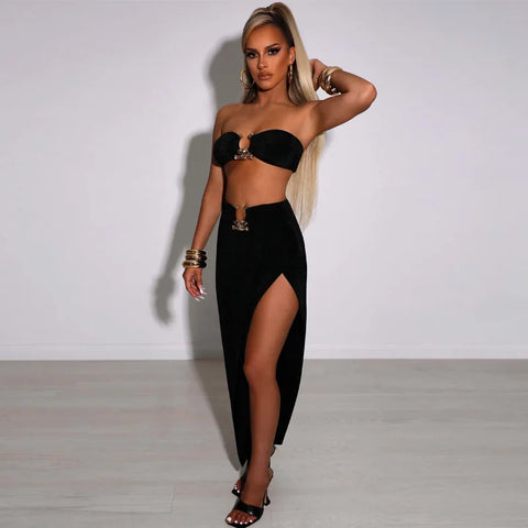 Nahomi Velvet Sexy Strapless High Waist Slit Two Piece Sets