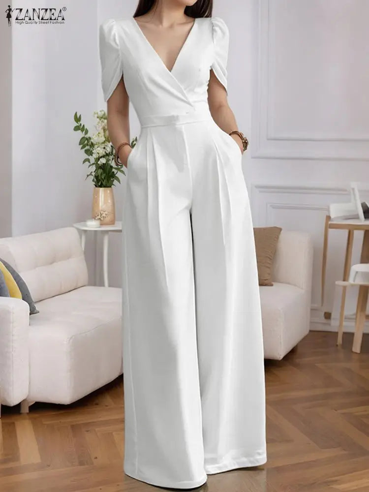 Weirton High Waist Jumpsuits Workwear Belt Rompers Solid Deep V Neck Elegant Overalls