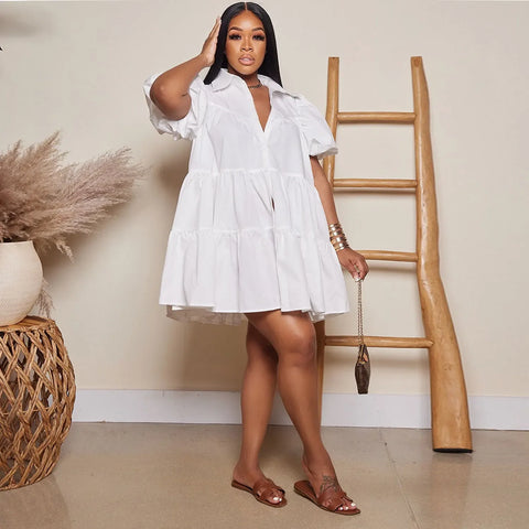 Secaucus Puff Sleeve Single Breasted Lapel Collar Babydoll Street White Big Swing Dress