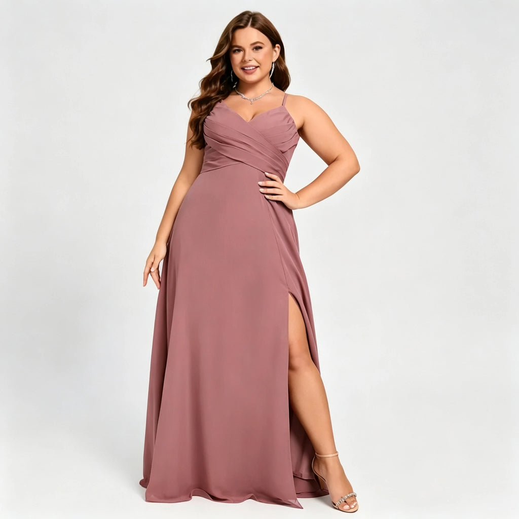 Lawrence Plus Size Chiffon Bridesmaid Dress Dusty Rose Crisscross Back Slit Formal Gown