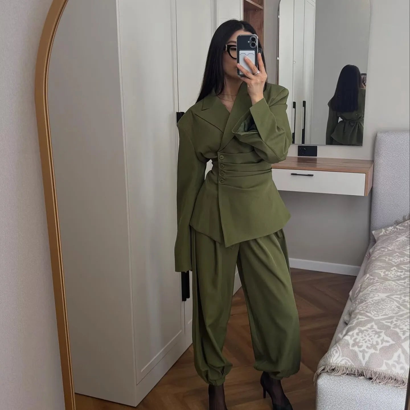 Victoria Asymmetric Ruched Waist Suit Two Piece Sets