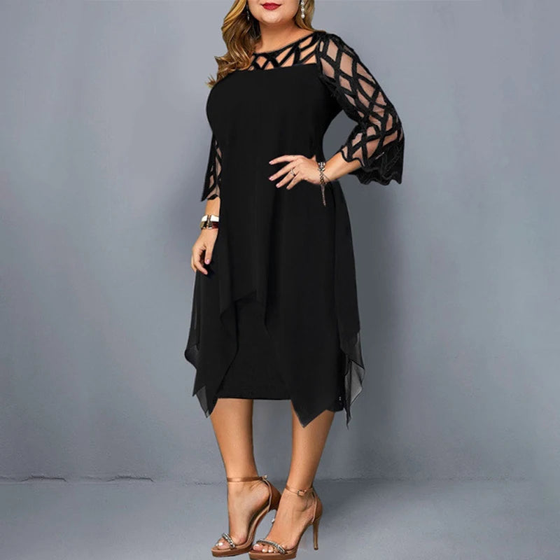 Cancun Hollow Chiffon Comfortable Loose Plus Size Elegant Solid Color Midi Dress