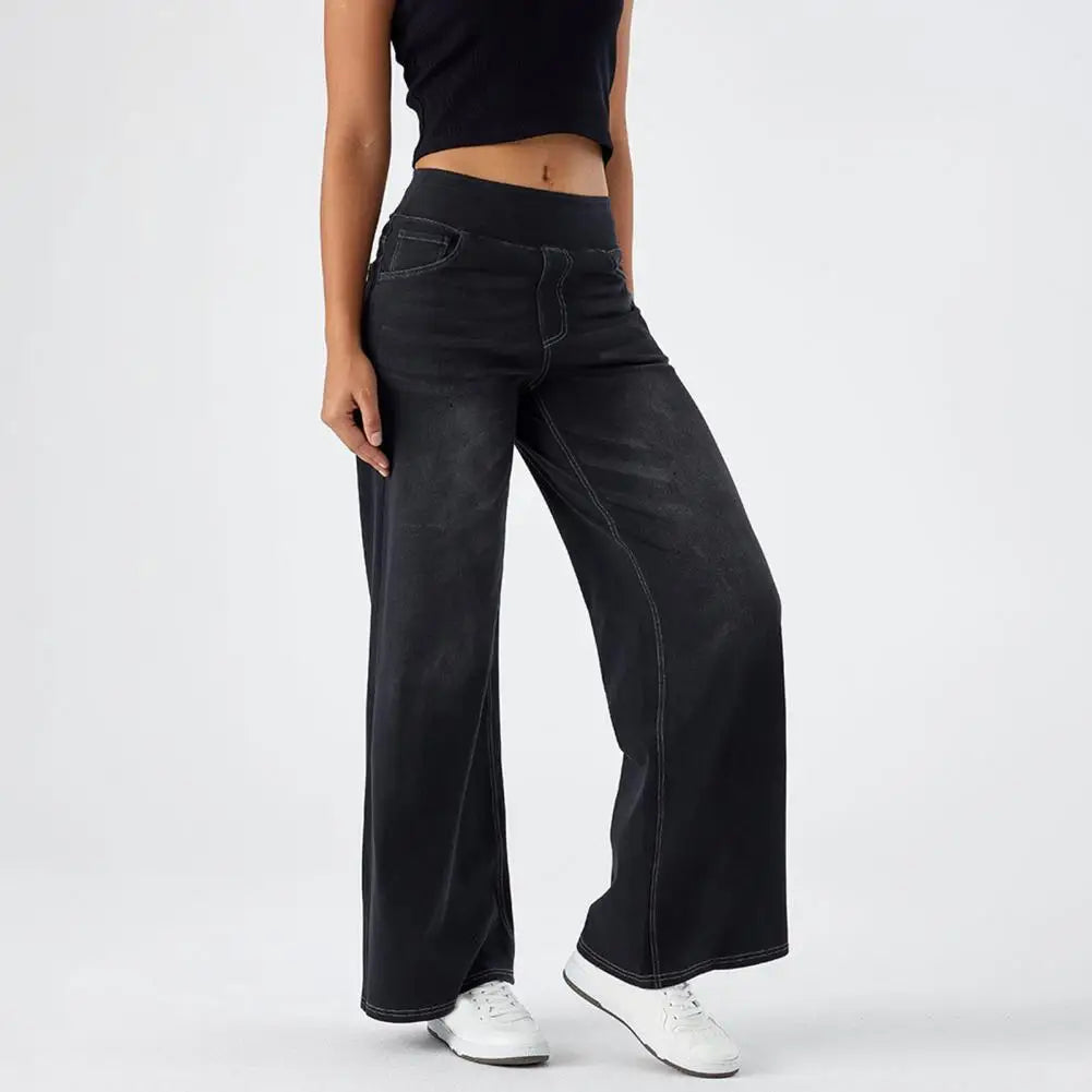 Women Jeans with Pockets Elastic Casual High Waist Wide-leg Jeans Solid Color Full