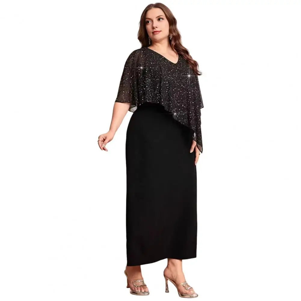 Orlando Plus Size O Neck Midi Loose Lady Chiffon Sequin Sexy Elegant Dress