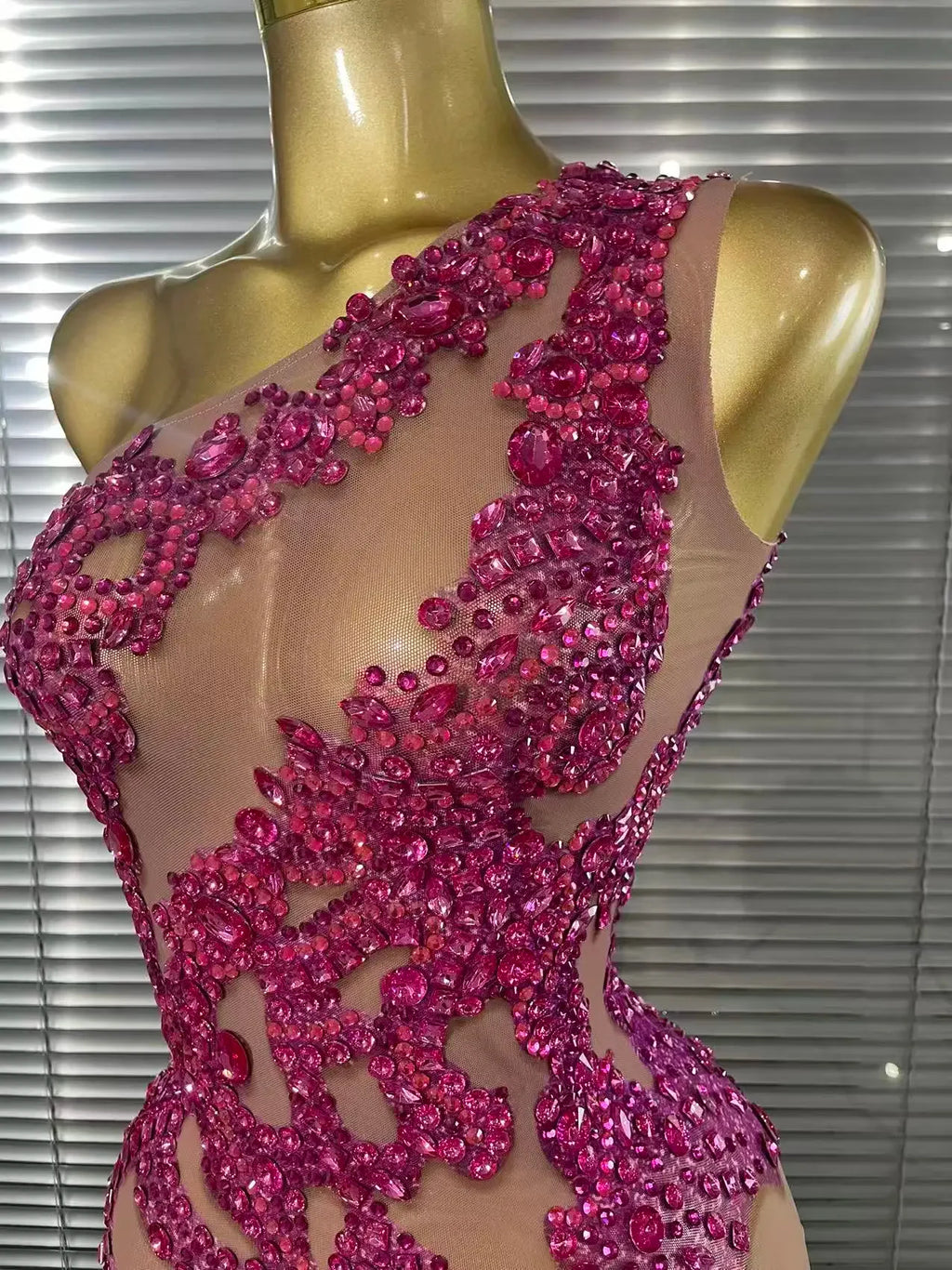 Harper Ferry Shining Rosered Crystal Sexy One Shoulder Mesh See Through Bodycon Mini Dress