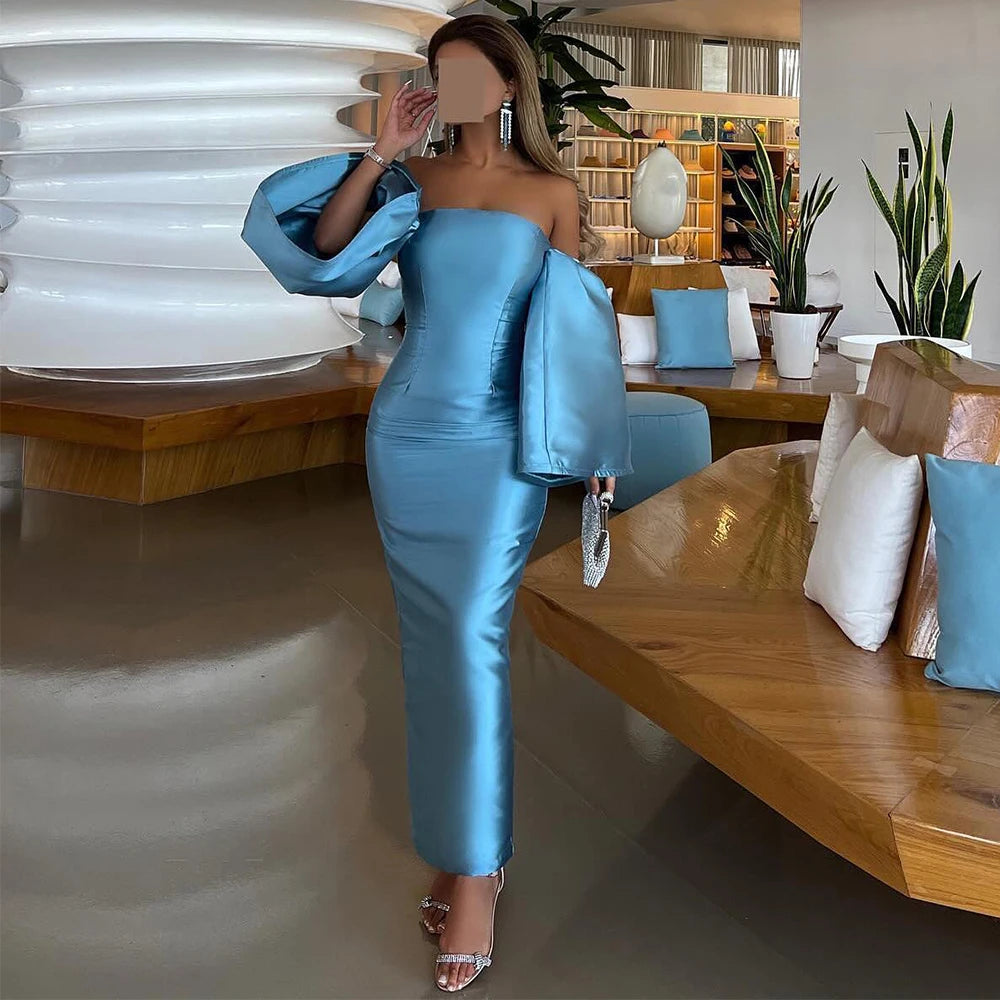 Elmwood Park Sky Blue Satin Evening Party Off the Shoulder Column Cocktail Gowns Dresses Maxi