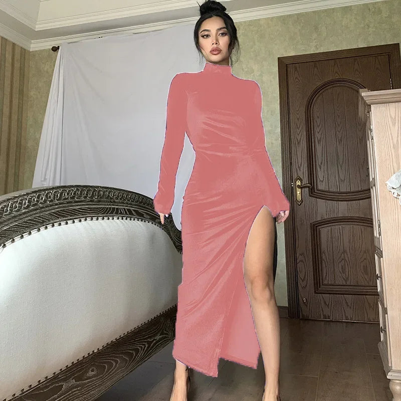 Dakota Style High Necked Long Sleeved Velvet Slim Pleated Slit Dress