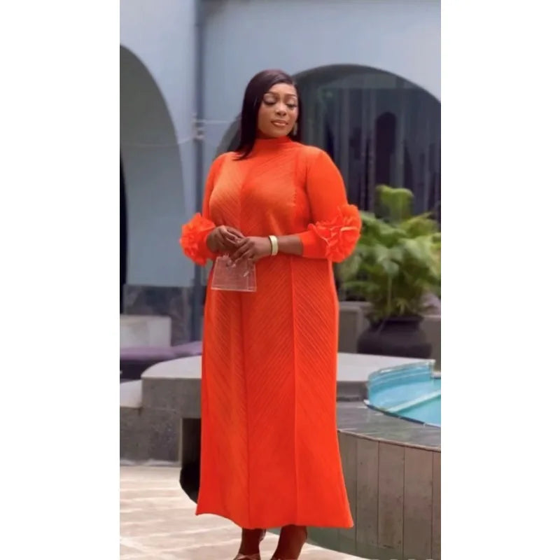 Miyake Solid Color Long Sleeved Three-dimensional Embroidered Temperament Long Loose Dress