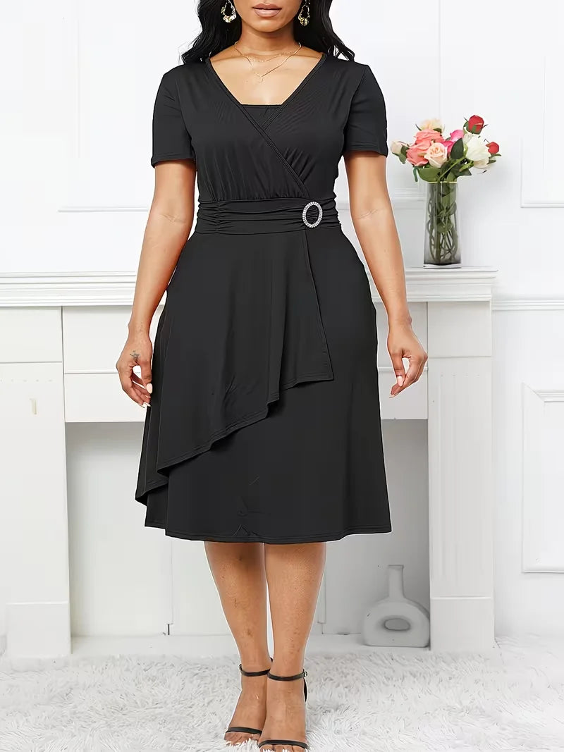 Plus Size Elegant Square Neck Casual Fit And Flare Solid Color Cocktail Party Midi Dress