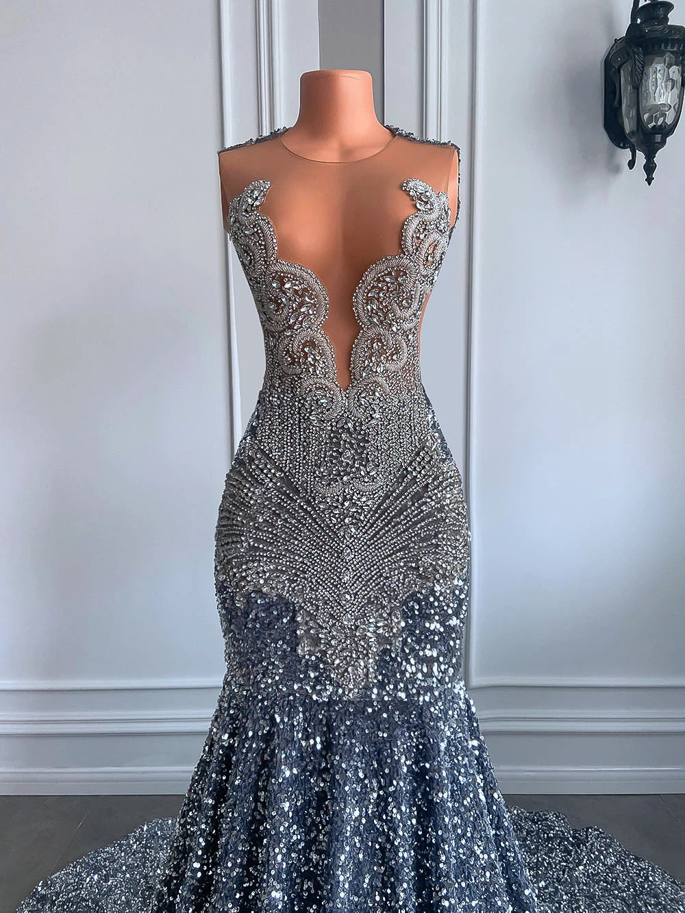 Fanwood Long Sparkly Prom Dresses Sheer O-neck Luxury Silver Crystals Diamond Sequin Gowns