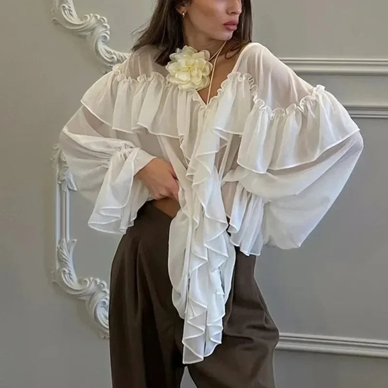 Allentown White Chiffon V-Neck Sexy See Through Shirt Beach Blouse