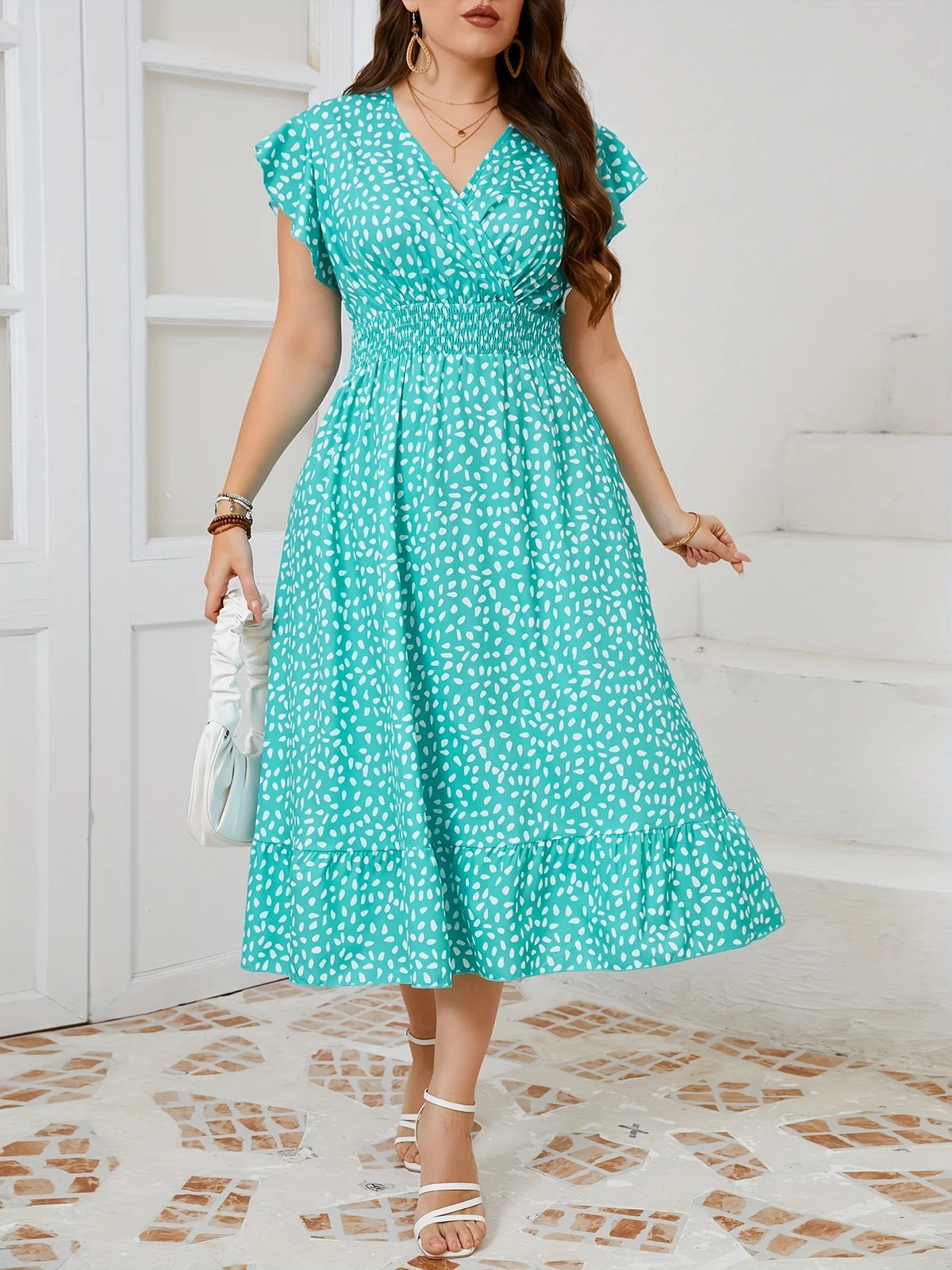 Brunnel Plus Size Teal Polka Dot V Neck Flutter Sleeve Smocked Waist Ruffle Hem Midi Dress