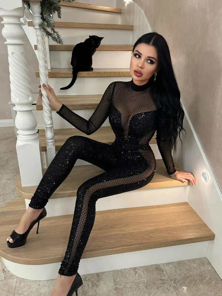 City Hall Mesh Squined Solid See Through O-Neck Regular Long Sleeves Skinny Jumpsuit