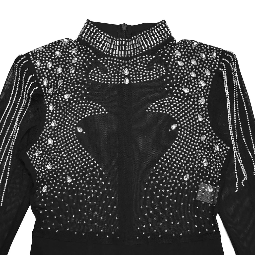 Lincoln Square Rhinestone Patchwork Mesh See Through Long Sleeves Jumpsuit