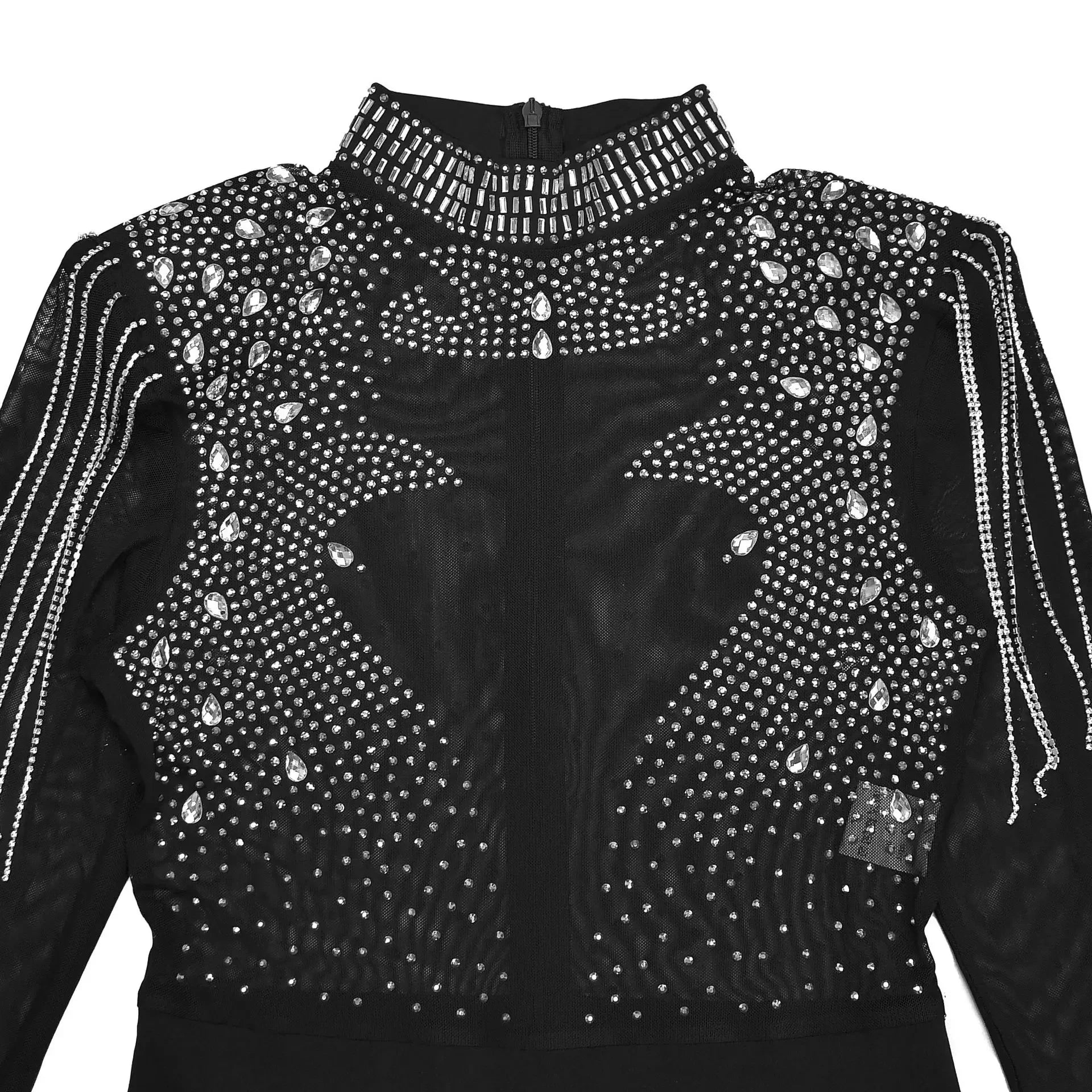 Lincoln Square Rhinestone Patchwork Mesh See Through Long Sleeves Jumpsuit