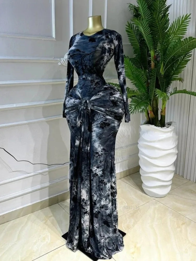 Beattystown Elegant Tie Dye Printed Skew Neck Flare Long Sleeve Ruched Maxi Dress