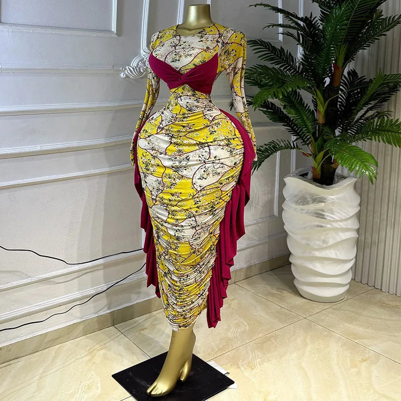 Kukutan O-neck Long Sleeve Floral Print Ruched Ruffles Long Maxi Dress