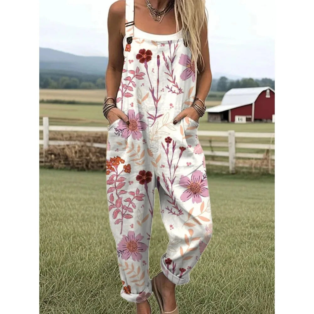 Summer Floral Romper Overalls Breathable & Comfortable Women's Jumpsuit with Pockets Adjustable Straps Romper for Streetwear