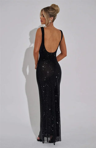 Bellport Sequins Backless Gown Sparkle Square Collar Sleeveless Bodycon Long Dress