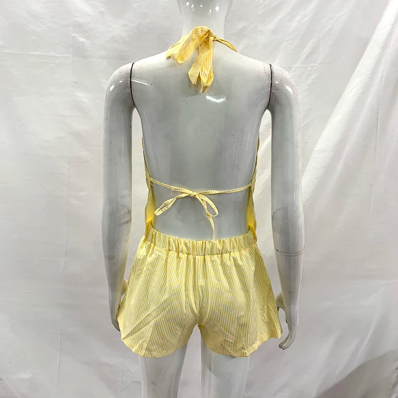 Ployi Lace up Hanging Neck Sleeveless Two Piece Sets