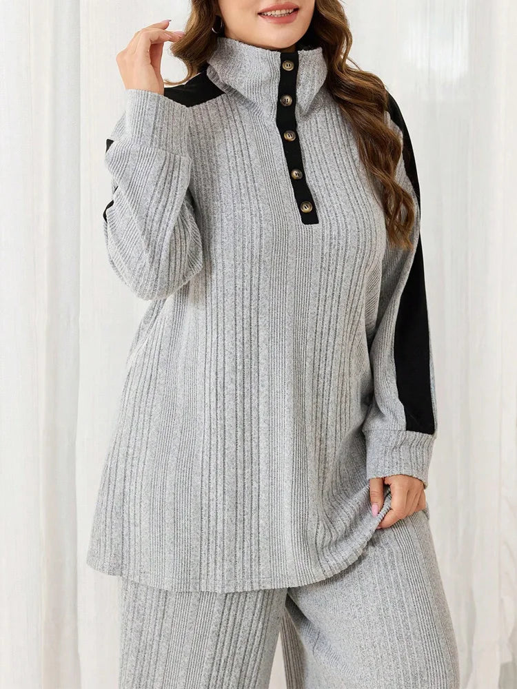 Ana Plus Size Open Collar Long Sleeve Rib-knit Two Piece Sets