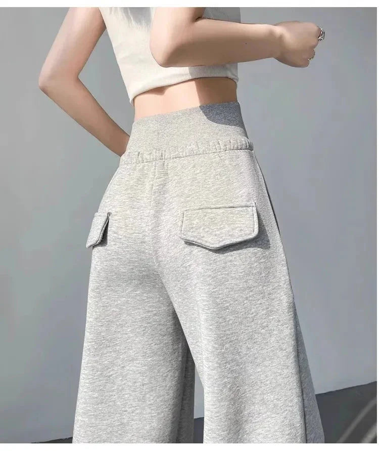 Gray High-Waist Loose Wide-Leg Straight Pants Women