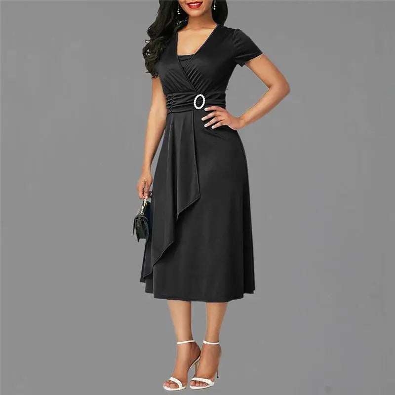 Seattle Solid Color Short Sleeve V Neck Asymmetric Hem Waist Midi Party Dress