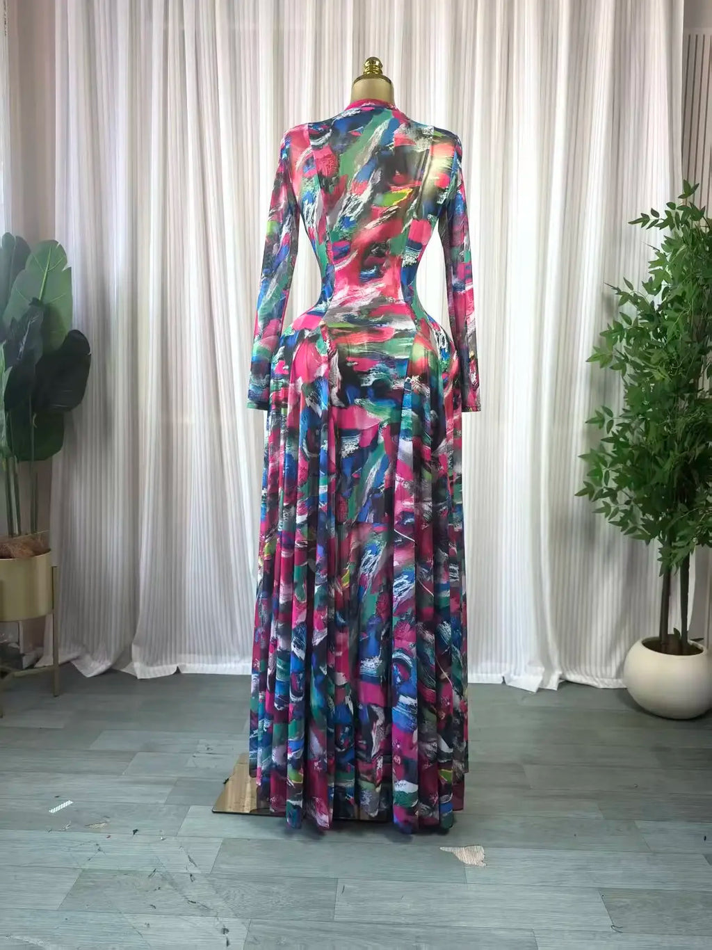 Turkunkan O Neck Long Sleeve Big Swing Tie Dye Print Long Dress