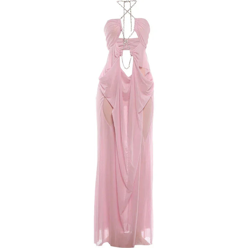 Pine Plains Sexy See Through Luxury Chain Halter Low Neck Backless Dress